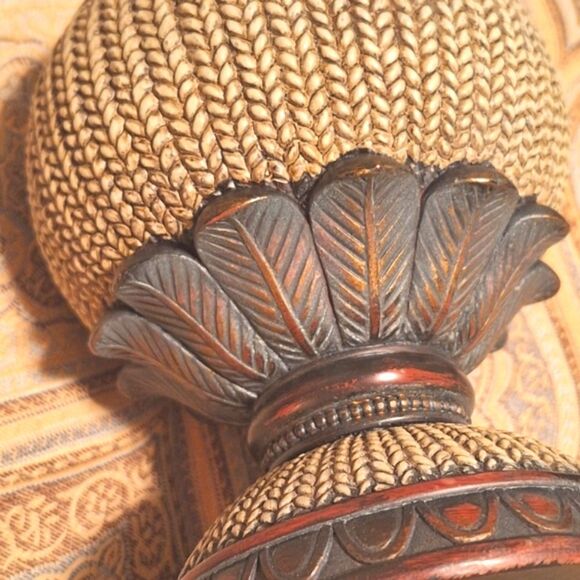 Ornate Lidded Jar Pedestal Spherical Finial Heavy Carved Woven Resin Urn Decor - Picture 12 of 16